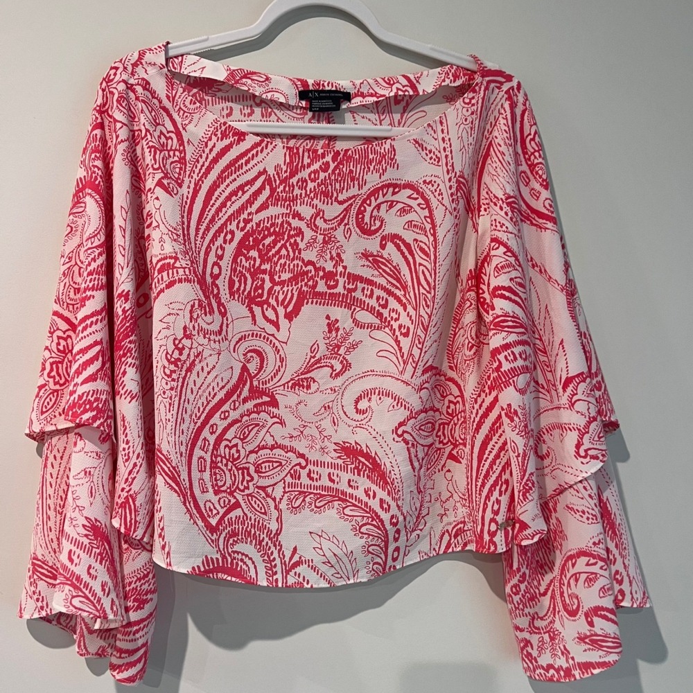 Armani Exchange Women's Romantic Pink Paisley Print Flutter Sleeve Blouse Top S